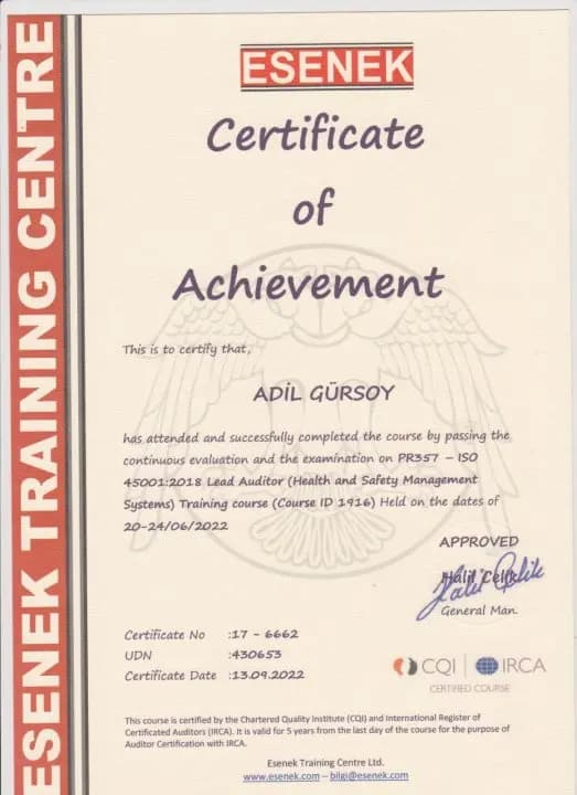 ISO 45001:2018 İş Sağlığı ve Güvenliği Baş Denetçi