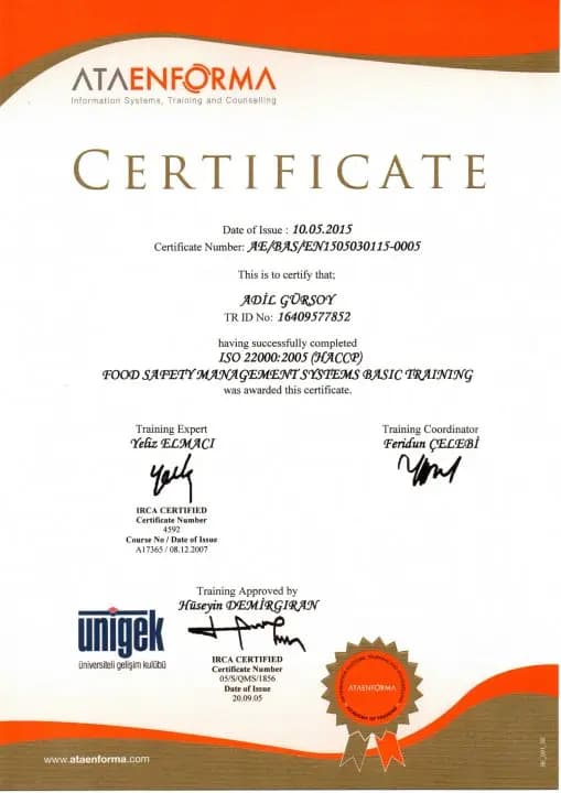 ISO 2200:2005 (HACCP) Gıda Güvenliği Yönetimi