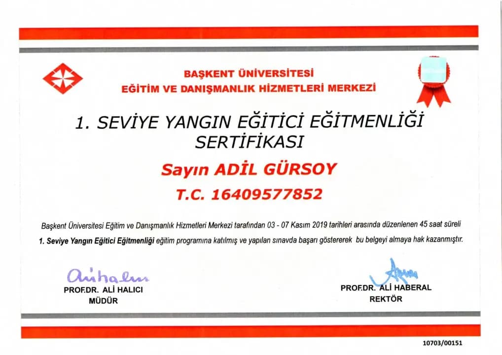 1. Seviye Yangın Eğitici Eğitmenliği Sertifikası