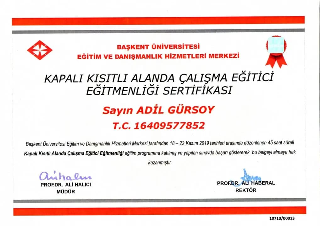 Kapalı Kısıtlı Alanda Çalışma Eğitici Eğitmenliği Sertifikası