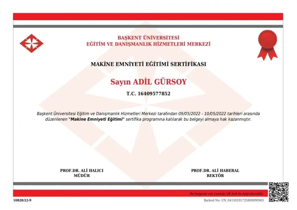 Makine Emniyeti Eğitimi Sertifikası